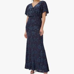 Adrianna Papell Midnight Blue Burnout Floral Velvet Maxi Gown 8